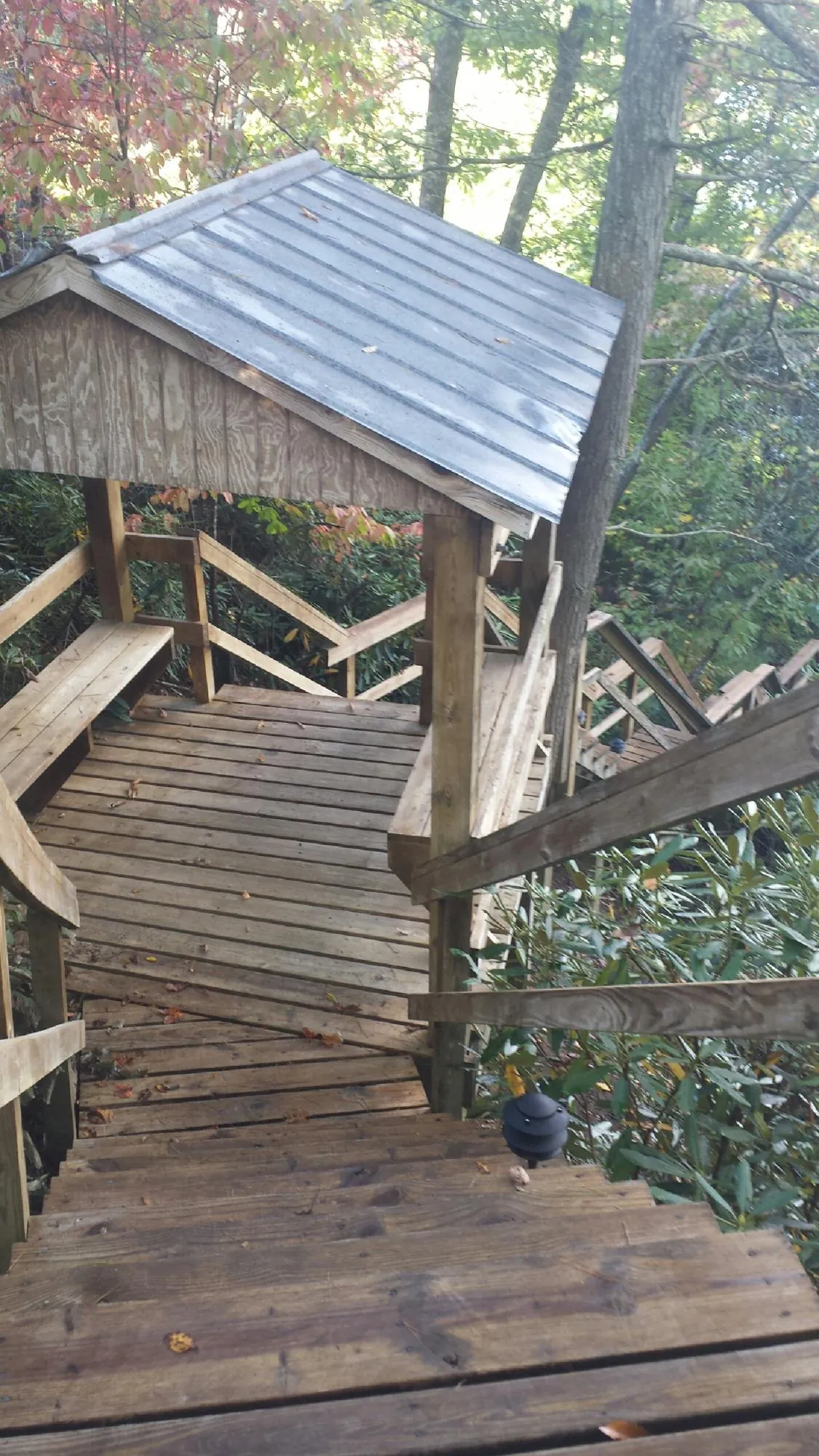 Metal roofed shelter over wooden steps on a wooded walkway — Skylight Repair & Installation work by our crew in Lavinia